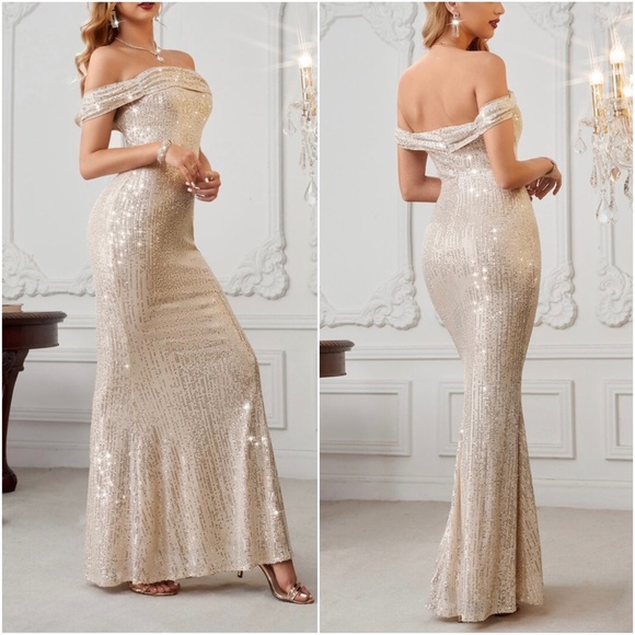 Gold sequins Off Shoulder formal party evening wedding prom Luxe dress - Picture 3 of 5